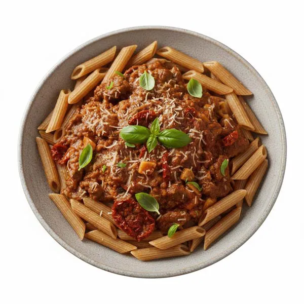 Hearty Sun Dried Tomato Beef With Garlicky Whole Wheat Pasta